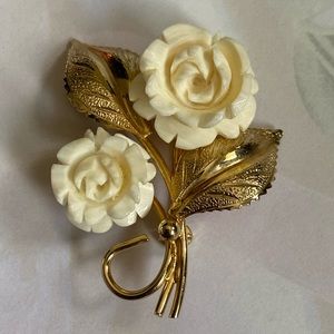 Beautiful Burt Cassell Ivory Carved 2Roses Celluloid Brooch Vintage. Like new!